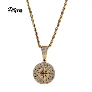 18K White Gold Plated Compass Pendant Iced Out Jewelry Bling 5A CZ Cubic Hip Hop Mens Compass Necklace