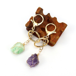 Handmade Natural Crystal Keychain with Gold Wire Winding Irregular Rough Stone Design Unique and Elegant Keychain