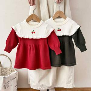 Ins 2025 Vestido de princesa ajustado para Niñas para primavera y otoño Vestido de primer cumpleaños de cereza bordado de encaje de ganchillo informal - Product Image 1