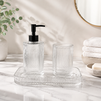 Ensemble de 3 distributeurs de savon en verre côtelé transparent, best-seller en gros, pour l'hôtellerie - Pompe noire mate en vrac