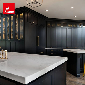 Armoire de cuisine élégante à porte perlée bleu foncé avec garde-manger à vin et tablier de ferme évier cannelé pour la construction de maisons - Product Image 1
