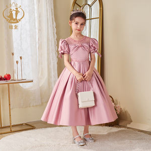 فساتين زفاف للفتيات الصغيرات من نيمبل بفيونكات وردية وأكمام منفوخة من الساتان، فساتين وصيفات العروس، ملابس حفلات المساء للأطفال الصغار - Product Image 1