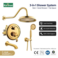 Mitigeur de douche encastré moderne en laiton doré brossé, avec pommeau de douche pluie, levier unique, rosette ronde, bec de baignoire et douchette à main, installation facile