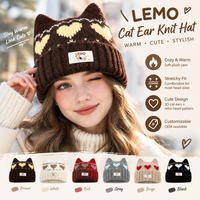 Bonnet tricoté personnalisé automne-hiver avec oreilles de chat Kawaii, motif jacquard cœur, bord côtelé duveteux, pour femmes et filles, style streetwear quotidien
