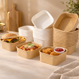 Caja de comida para llevar cuadrada biodegradable Kingwin de papel kraft con laminado mate y relieve para envasado de almuerzos de <span class=keywords><strong>delicatessen</strong></span> - Product Image 4