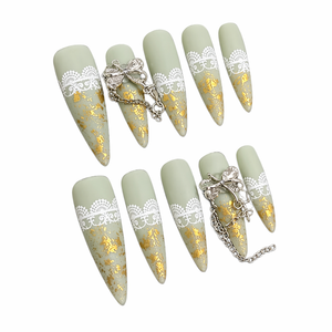 Faux ongles longs à presser en dentelle et feuille d'or, couvrance totale, style français, amovibles, pour usage professionnel en salon - Product Image 1