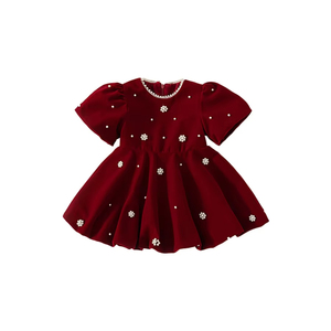 Váy nhung mùa thu đông cho bé gái, tay bồng đính ngọc trai, dự tiệc, công chúa, màu đỏ, dành cho trẻ nhỏ Lbc - Product Image 1