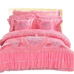 Romantic Pink Cartoon Wedding Four-Piece Comforter Set Lace Ruffle Heart Embroidery 400TC Polyester/Cotton Durable <strong>Bed</strong> - Product Image 1