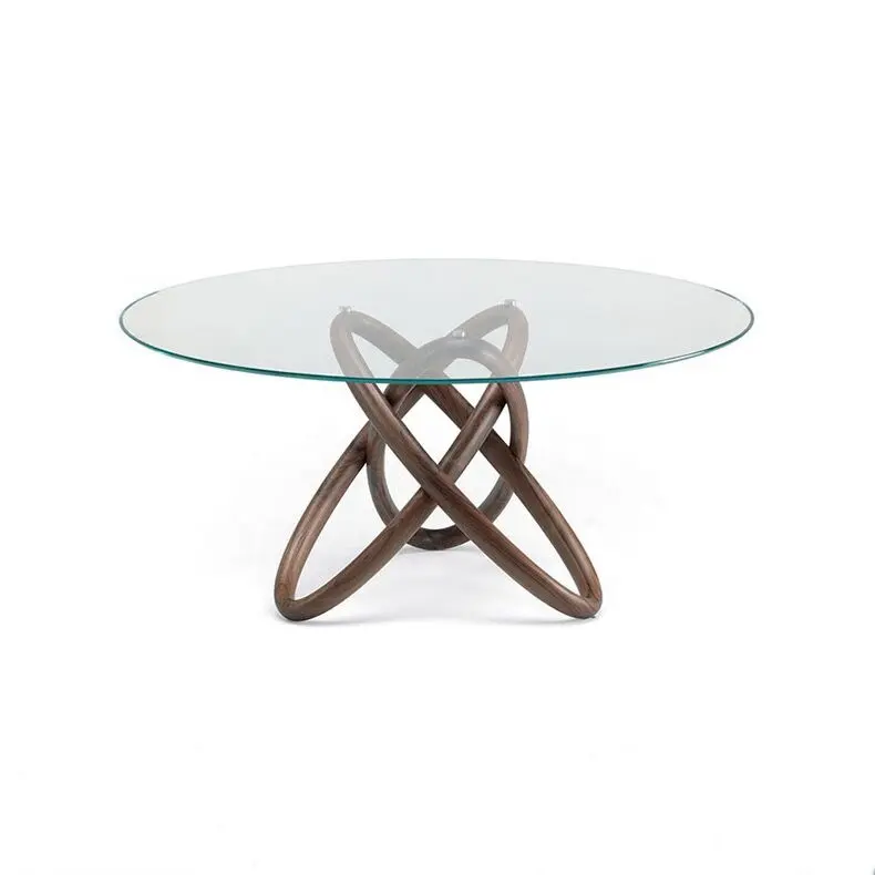 Mesa de jantar italiana, moderna minimalista de luxo, design artístico, circular, preta, noz, vidro