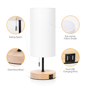 Aigostar lampada da tavolo nordica minimalista con 2 porte di ricarica USB lampade da comodino con interruttore a tirante Base in legno ABS corpo paralume in metallo - Product Image 5