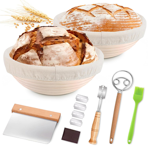 Factory Natural Rattan Eco-Friendly Bread Proofing Basket <b>Set</b> Sourdough <b>Baking</b> Kit 2 Baskets 2 Liners Danish Whisk Dough Scraper - Product Image 1