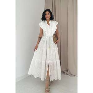 Robe blanche à volants coupe trapèze, taille naturelle, tissée respirante, pour usage quotidien décontracté - Product Image 4