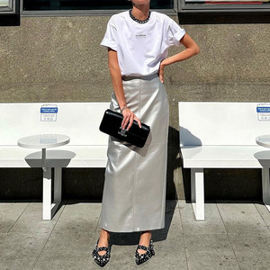 Newest Design Women Fashion Side Zipper Back Slit <strong>Green</strong> Leather <strong>Skirt</strong> Latest Y2K <strong>Long</strong> Metallic <strong>Skirt</strong> Design - Product Image 1