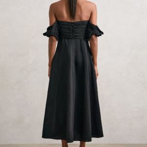 Vestido Midi Negro Elegante Bardot, Cuerpo Esculpido, Transpirable, 100% Lino, Lavable, Antiarrugas, Colección de Verano, Color Sólido, Oferta OEM - Product Image 3