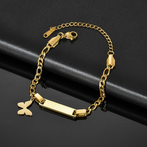 Pulsera de Cadena Cubana con Barra de Oro, Diseño de Mariposa, en Acero Inoxidable Chapado en Oro de 18K, Grabado Personalizado, Unisex para Niños, a la Moda - Product Image 3