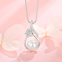 Pendentif papillon en argent sterling 925 avec perle imitation et zircon cubique, chaîne en boîte, bijoux fins