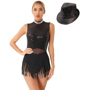Vestido de Danza con Flecos para Mujer, con Sombrero, para Baile Latino, Tango, Rumba, Cha-Cha, Samba, Baile Moderno, Patinaje Artístico, Fiestas de Baile - Product Image 2