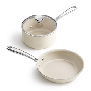 <span class=keywords><strong>Set</strong></span> di <span class=keywords><strong>2</strong></span> <span class=keywords><strong>Padelle</strong></span> in Ceramica Antiaderente con Manico Termoisolante, Pentola con Coperchio, Non Tossico, Senza PTFE, Disponibile OEM ODM - Product Image 1