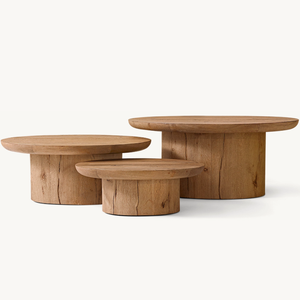 KVJ-2752 Vintage Style Handcrafted Solid <strong>Oak</strong> Wood Veneer Side <strong>Table</strong> Pedestal Round <strong>Nesting</strong> Coffee <strong>Table</strong> - Product Image 2