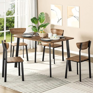 Simple natural wood color dining table <b>set</b>, five pieces, curved backrest, wood grain dining chairs, <b>waterproof</b> and - Product Image 1