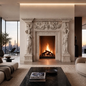 Cheminée en marbre personnalisée, moderne, sculptée à la main, de luxe, en marbre blanc du Hunan, avec manteau de cheminée en marbre - Product Image 1