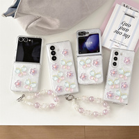 Coque de téléphone transparente en résine époxy avec motif papillon et fleur pastel pour Galaxy Z Fold 7-4, avec dragonne à perles de cristal, compatible Z Flip 8-3