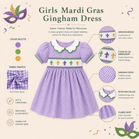 Robes de Filles Mardi Gras Puresun Top Factory Personnalisées 100% Coton Gingham Brodé Crevettes Col Claudine pour Tout-Petits 1-6 Ans