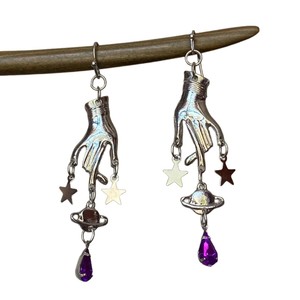 Boucles d'oreilles en alliage Purple Magic Hand pour femmes, design tendance avec pendentif étoile à cinq branches, boucles d'oreilles chics - Product Image 5
