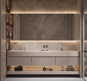 Nordic style double layer slate bathroom vanity double sink smart <b>mirror</b> cabinet with open shelf - Product Image 4