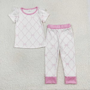 Wholesale Baby Toddler Girls <b>Clothes</b> Pink Bow Print Bamboo Two-piece Sets Romper and Blanket Cute Sister Matching Outfits - Product Image 3