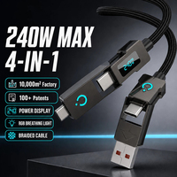 Kabel Data Pengisian Cepat 240W 4-in-1 dengan Layar Digital, Lampu RGB, E-Marker, Kabel Jalinan Paduan Seng, Kustom OEM Grosir