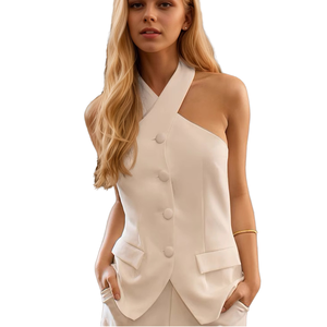 Débardeurs d'été décontractés pour femmes, couleur verte, respirants, courts, boutonnés, avec fermeture éclair latérale, design asymétrique - Product Image 2