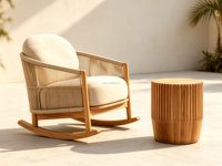 Ensemble de chaise à bascule et table d'appoint FERLY Classic en teck rainuré, fabriqué à la main, personnalisable