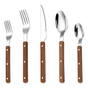 Stainless Steel Western Steak Knife <b>Fork</b> <b>Spoon</b> <b>Set</b> With Wood Handle Dishwasher Safe 5 Piece Flatware For Picnic - Product Image 3