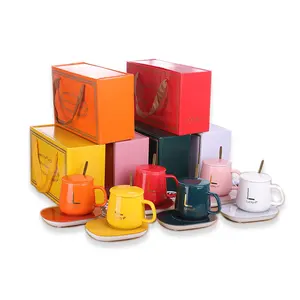 Оптовая продажа, набор термостатических чашек 55 градусов с нагревателем, розовые керамические кофейные кружки для рекламы, рекламные подарки, логотип на заказ