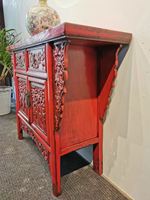 Lemari Kabinet Konsol Ukiran Antik Merah Cina yang Cantik dan Laris Manis dengan Laci Penyimpanan
