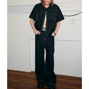 Pantalon inversé personnalisé avec chemise à manches courtes en jean dépareillé Chemise en jean noir Blouses pour femmes Chemises - Product Image 3