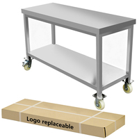 Banc de travail mobile robuste à 2 niveaux en acier inoxydable poli, table de préparation amovible avec roulettes pour hôtels, restaurants et services de traiteur