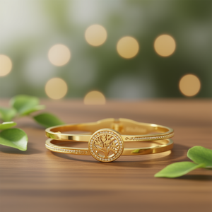 Bracciale rigido in acciaio inossidabile placcato oro con albero della vita e strass di cristallo, gioiello unisex alla moda, idea regalo - Product Image 2