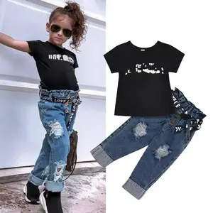 1101 Zomer Peuter Kids Baby Meisje Casual Kleding Sets Brief Tops Korte Mouw T-shirt Denim Broek Jeans 2 Stuks Outfits kleding