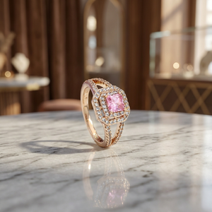 Luxury Brass Pink Square Crystal <b>Ring</b> Rose Gold Plated Double Halo Cubic Zirconia <b>Statement</b> <b>Ring</b> For Women - Product Image 1