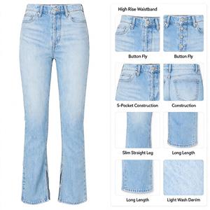 Jean slim droit taille haute <span class=keywords><strong>pour</strong></span> femme avec fente latérale, denim délavé clair, idéal <span class=keywords><strong>pour</strong></span> le marché printanier - Product Image 6