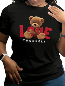 T-shirt Love Yourself con orsetto di peluche, manica corta, girocollo, casual, in puro cotone, estiva, unisex, vestibilità regolare, stampa cartoon - Product Image 1