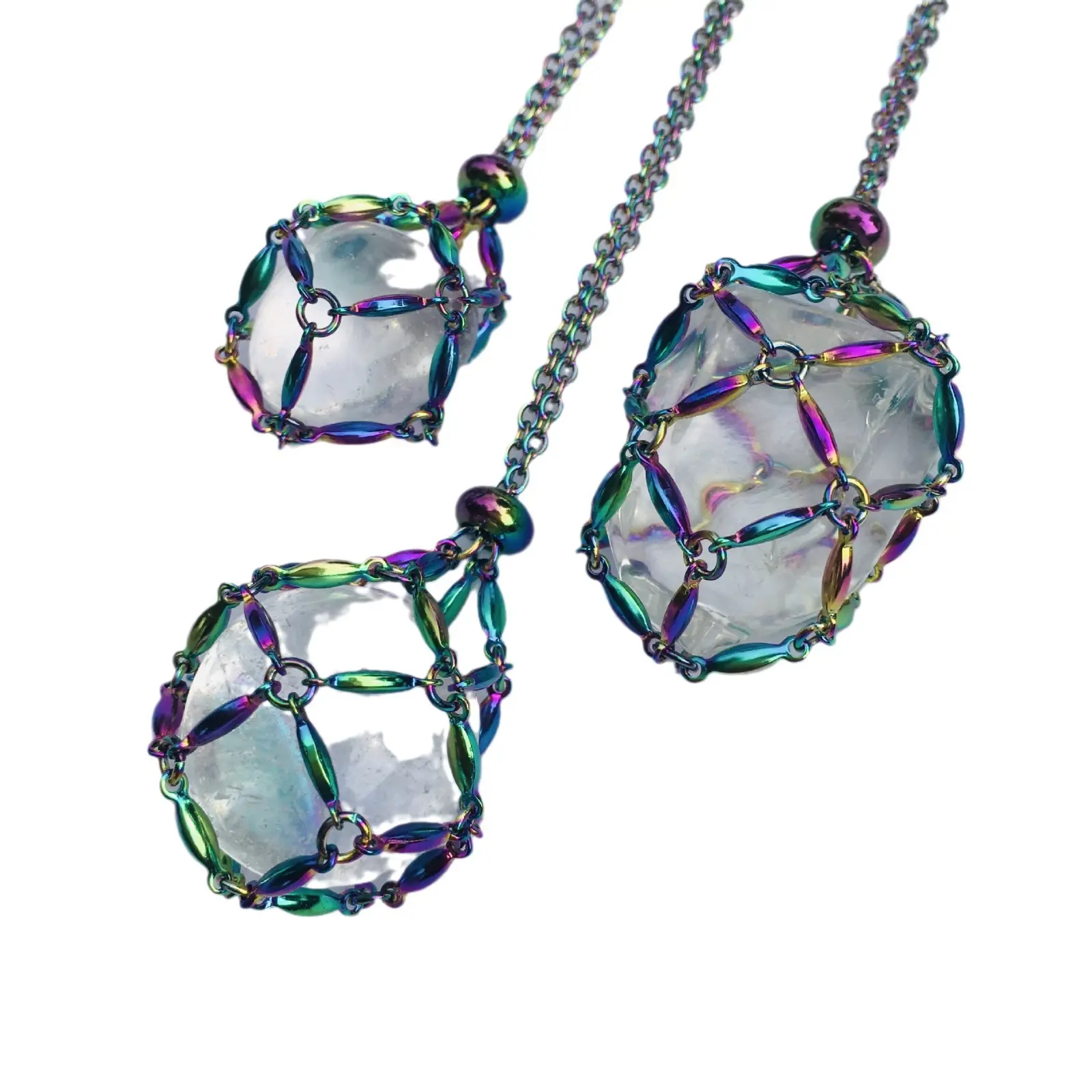 DIY Rainbow Cor Aço Inoxidável Artesanal Intercambiáveis Cristal Colar Arroz Beads Design Gaiola Colar Comprimento Ajustável