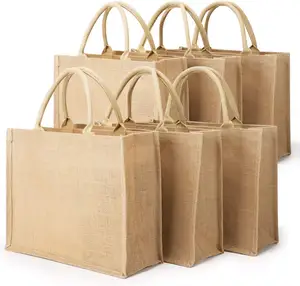 Jute Tote Bags with Handles Blank Large jute Reusable Grocery Bags Water Resistant for Gift Travel Shopping DIY Crafts Bags