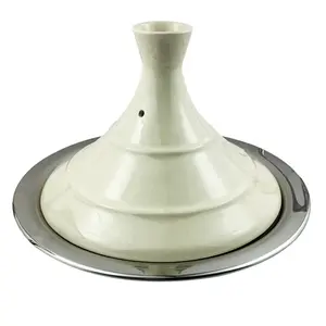 Olla de acero inoxidable para cocina, utensilio de cocina con tapa de cerámica blanca de Marruecos, Paella de Metal de inducción, con asas de lujo