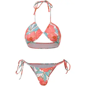 Swimwear manufacturers sell well lace up thong bikini halter Brazilian Bikini Printed bikini sets