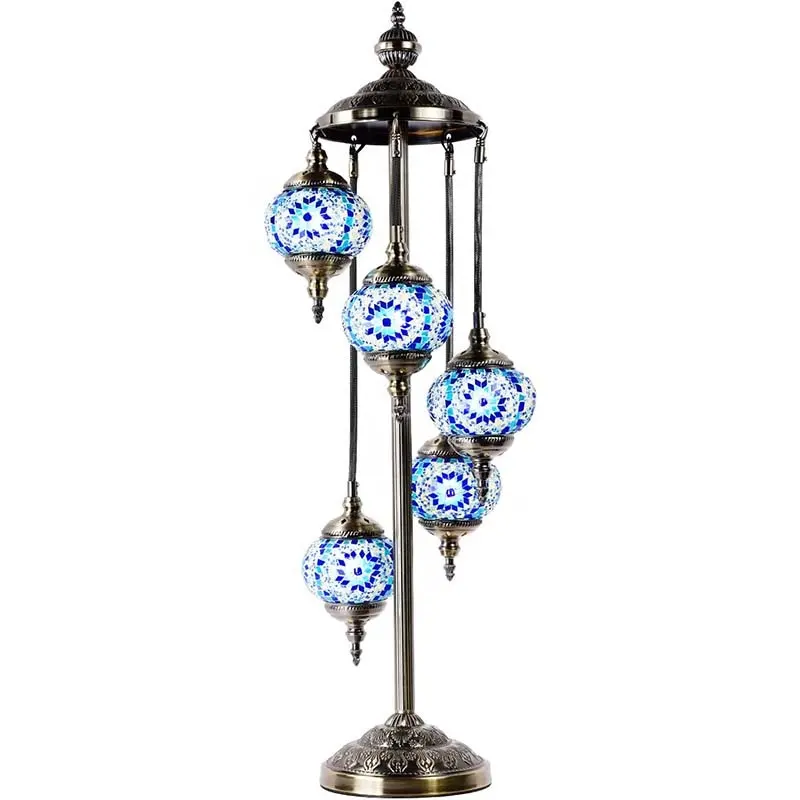 Turkish Mosaic Glass 5 Globes Bedside Floor Lamp Moroccan Tiffany Style Decorative Lantern Night Light for Bedroom Living Room