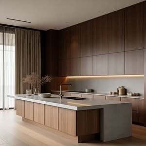 Cocina de Isla de Madera Marrón Oscuro de Lujo Personalizada Balom con Fregadero Integrado, Gabinetes de Vidrio y Electrodomésticos Integrados - Product Image 4