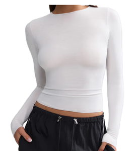 Camiseta Blanca de Manga Larga para Mujer, Cuello Redondo, Corte Ajustado, Tejido de Punto, Spandex y Algodón, Transpirable, para Todas las Temporadas - Product Image 1